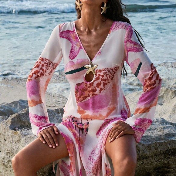 Pink Boho Women's Printed V-Neck Long Sleeve Dress - Picture 5 of 8